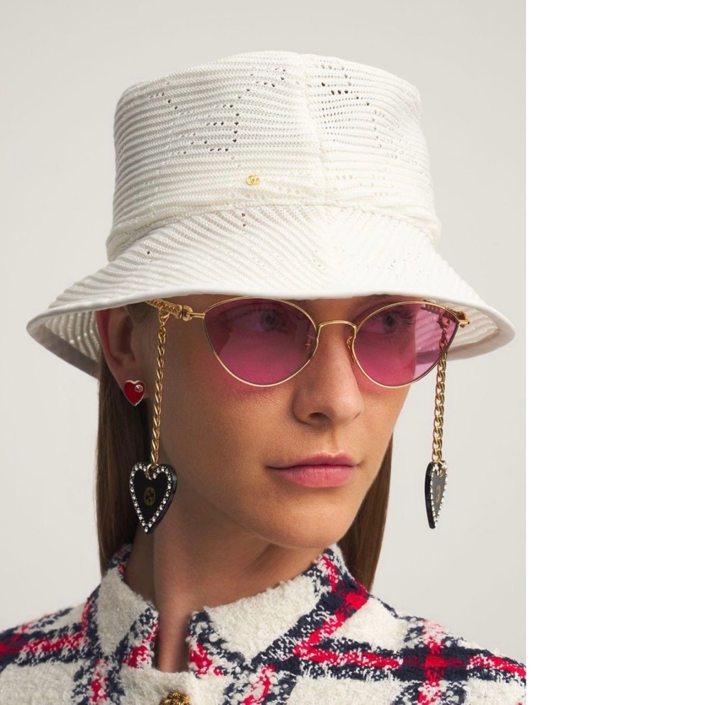 Nwt Authentic Gucci Women's Pink Malibu Leather-Trimmed Crocheted Bucket Hat
